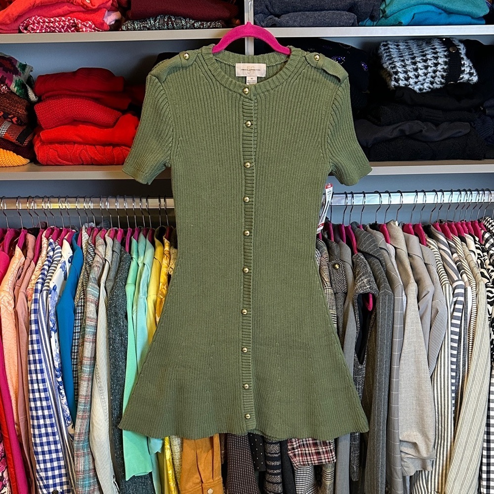 French Connection olive short sleeve button down sweater dress size S NWT